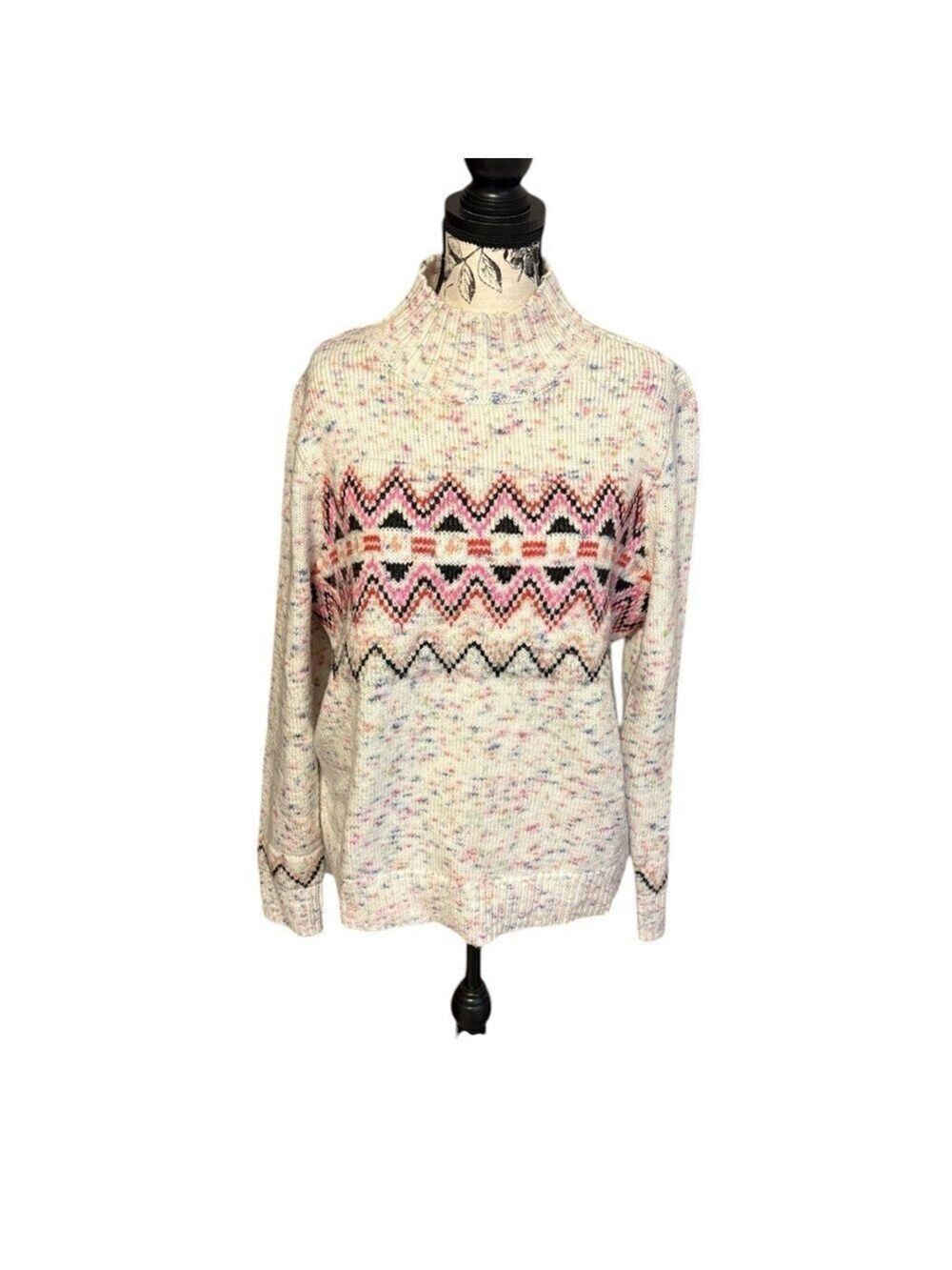 LOFT Flecked Fair Isle Mock Turtleneck Sweater White Multi Size L